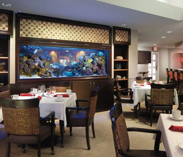 Communal dining area with a large fish tank set into the wall