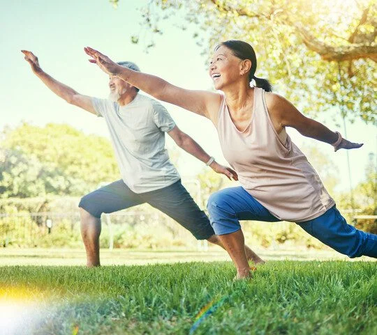 Senior couple, outdoor and yoga for health, fitness and wellness in grass, healthy or happy. Retired, elderly and enjoying retirement with workout, stretching and backyard for body, man and woman