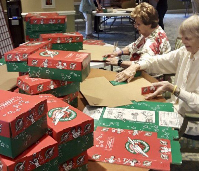 Two senior women folding boxes for charity