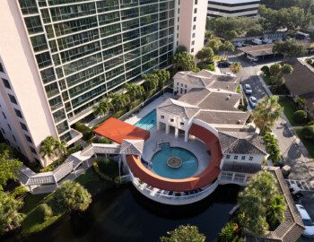 DJI 0137 An aerial view of a a round pool and lounge area