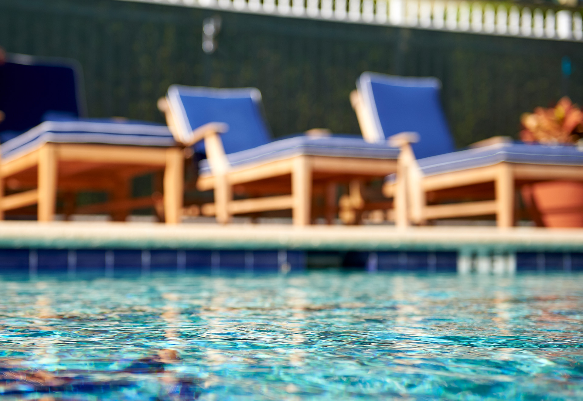 A shot of the pool and and pool deck chairs