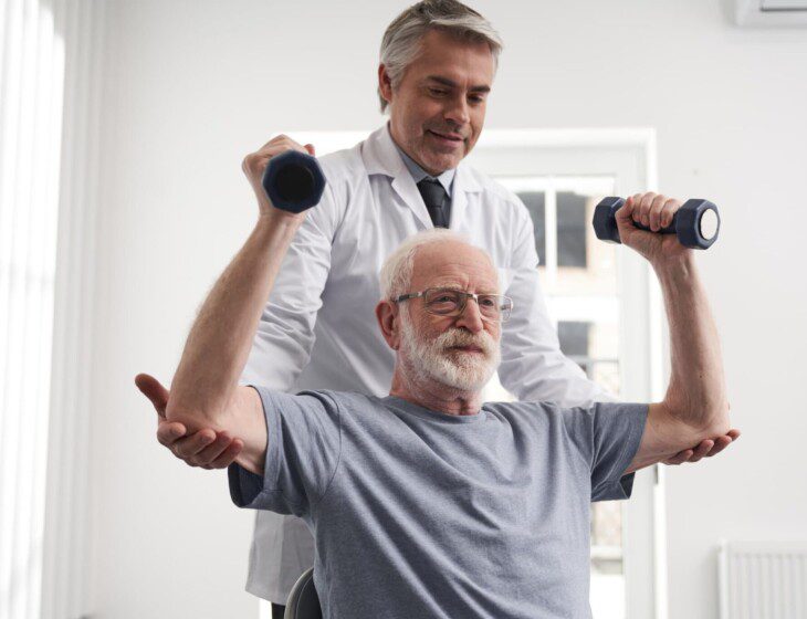 A senior man lifting weights with a helper assisting them