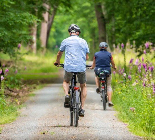 Two seniors biking down a scenic trail with flowers and trees