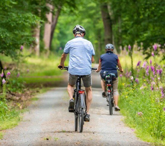Two seniors biking down a scenic trail with flowers and trees